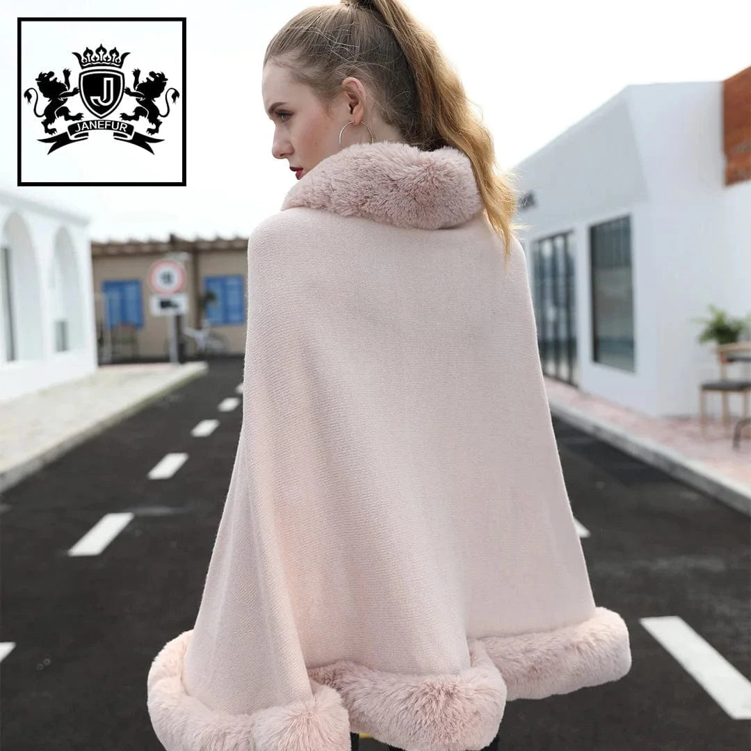 Wholesale Black White Pink Beige Knitted Wool Cape Winter Fashion Warm Faux Fur Shawl
