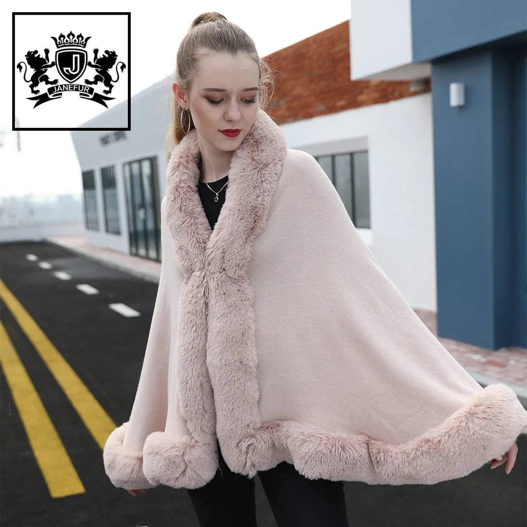 Wholesale Black White Pink Beige Knitted Wool Cape Winter Fashion Warm Faux Fur Shawl