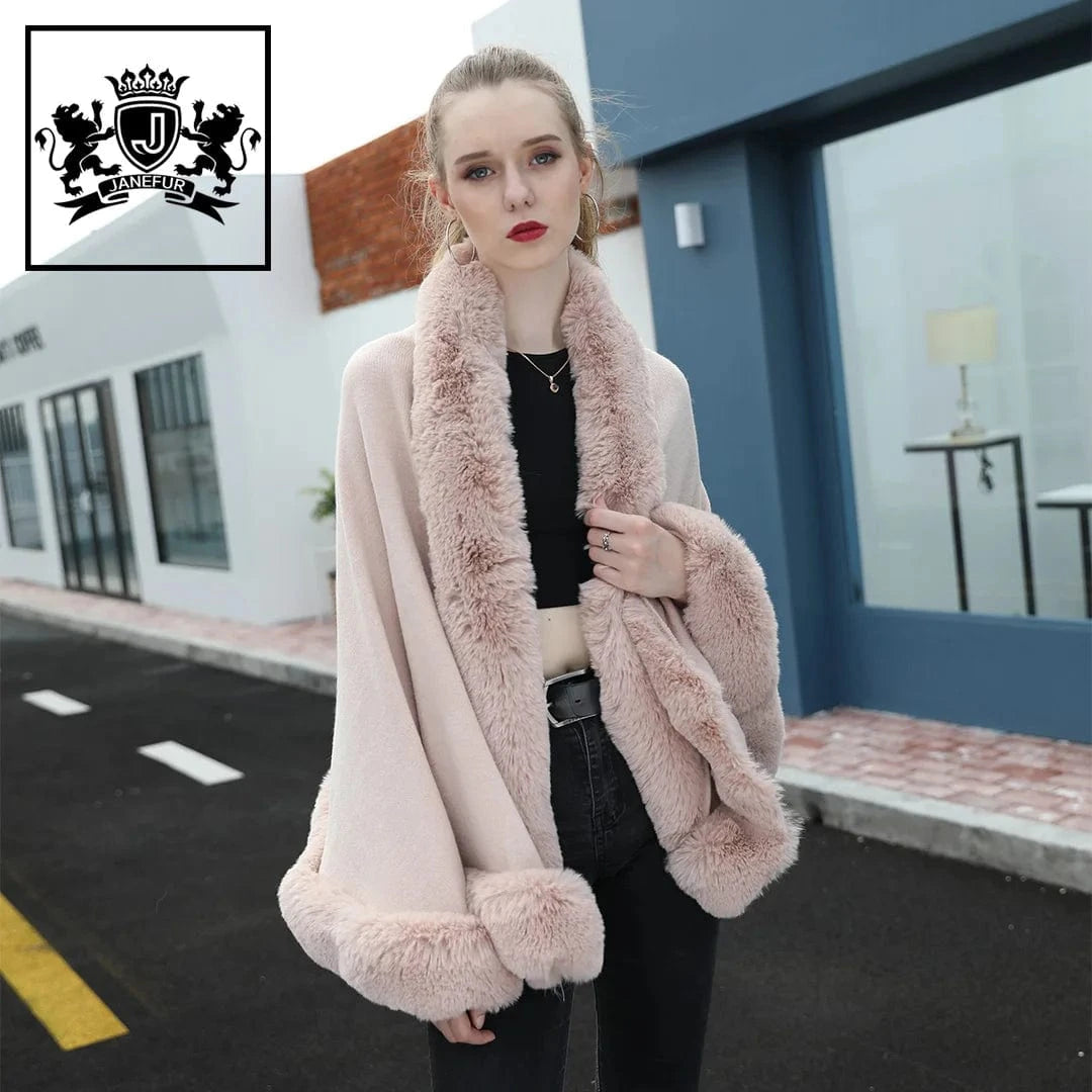 Wholesale Black White Pink Beige Knitted Wool Cape Winter Fashion Warm Faux Fur Shawl