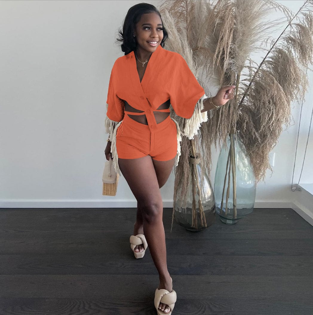 Wholesale Boutiques Clothing Women Two Tops Shorts Set Tassel Shirt Shorts Lace Up2 Piece Set Women Summer Clothes For Women