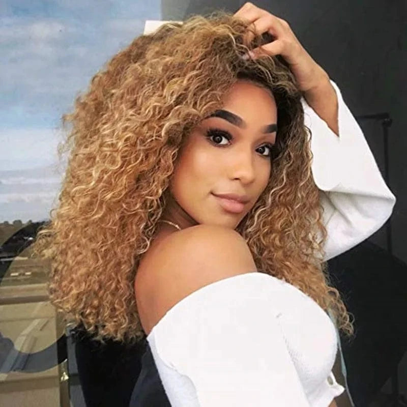 Wholesale Brazilian Raw Hair 13*4 Lace Front Wig Ombre Brown Color Kinky Curly 180% Density Human Hair Wig
