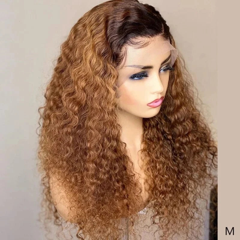 Wholesale Brazilian Raw Hair 13*4 Lace Front Wig Ombre Brown Color Kinky Curly 180% Density Human Hair Wig