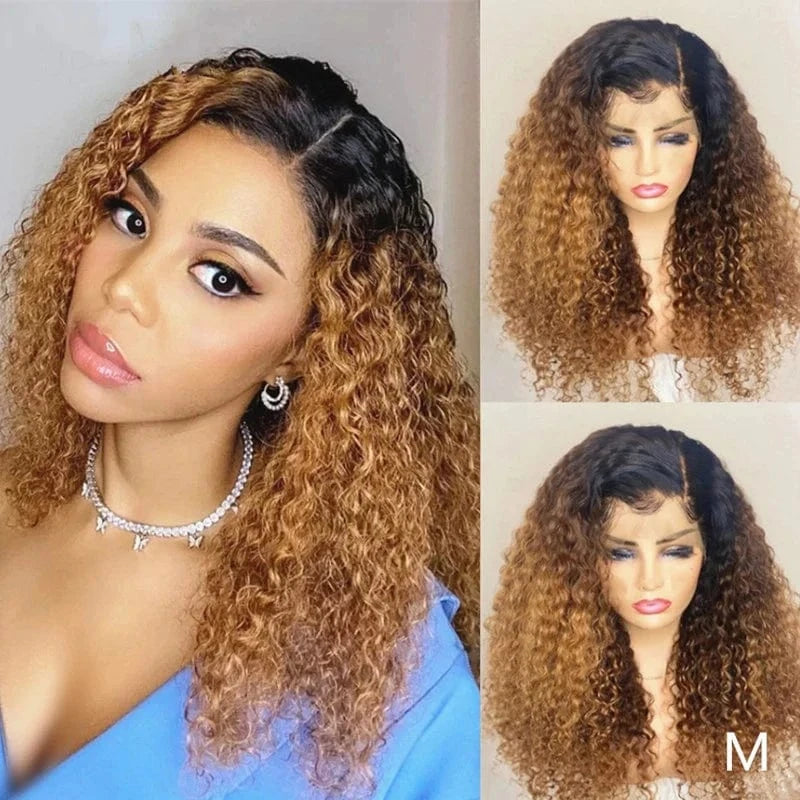 Wholesale Brazilian Raw Hair 13*4 Lace Front Wig Ombre Brown Color Kinky Curly 180% Density Human Hair Wig
