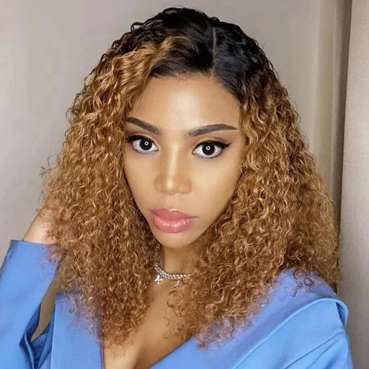 Wholesale Brazilian Raw Hair 13*4 Lace Front Wig Ombre Brown Color Kinky Curly 180% Density Human Hair Wig