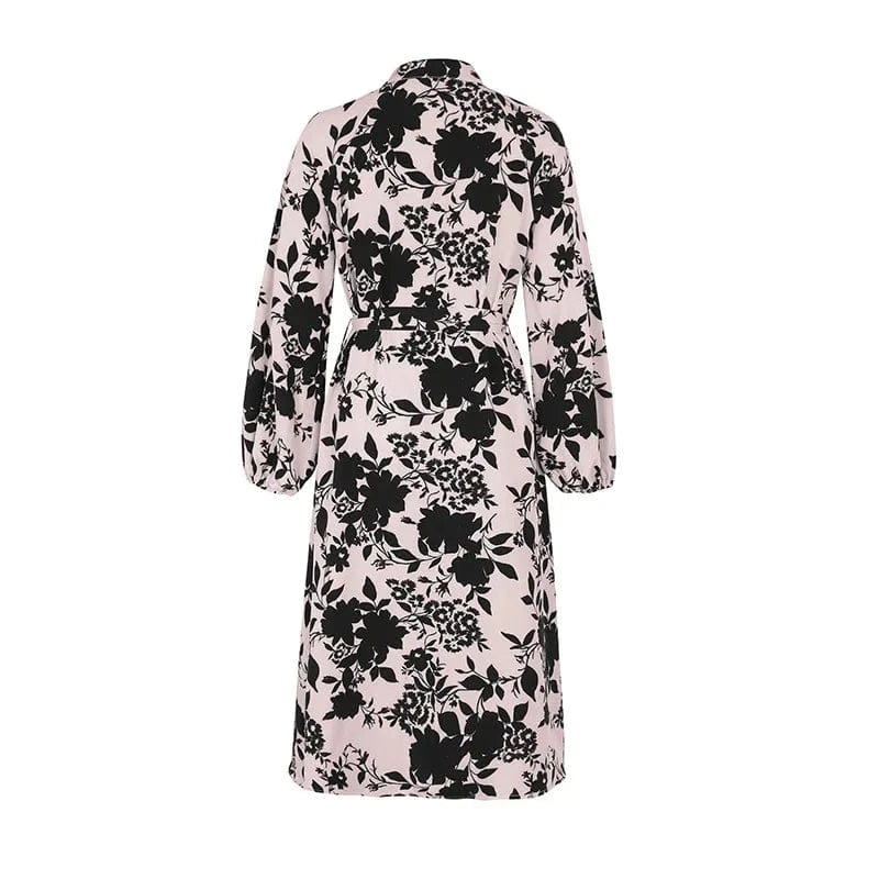 Wholesale Casual Elegant Long Sleeve Floral Print Lantern Sleeve Belted Maxi Dress