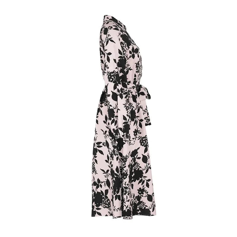 Wholesale Casual Elegant Long Sleeve Floral Print Lantern Sleeve Belted Maxi Dress