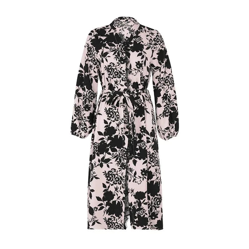 Wholesale Casual Elegant Long Sleeve Floral Print Lantern Sleeve Belted Maxi Dress