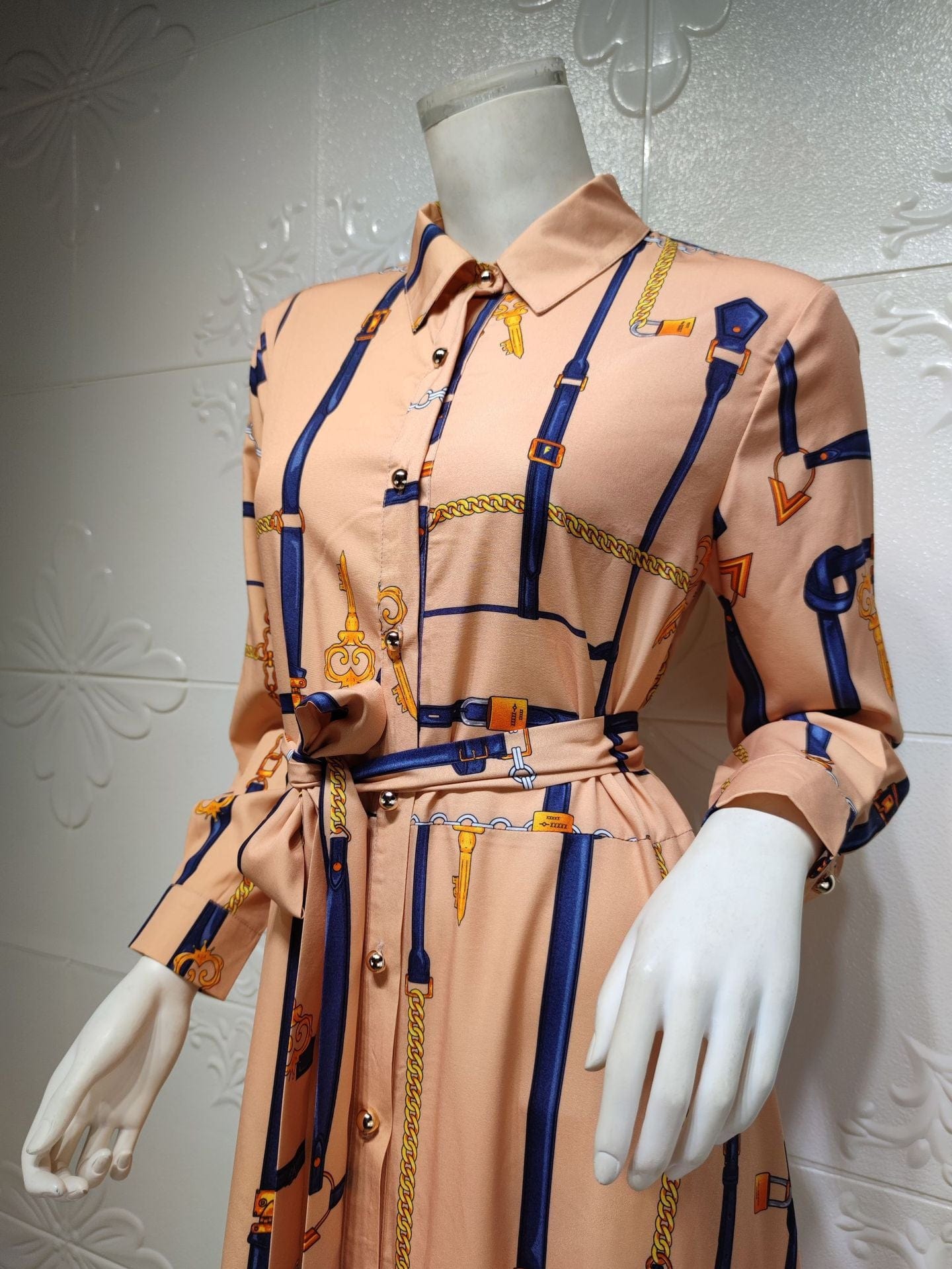 Wholesale Chain Print Long Sleeve Muslim Gown Maxi Dress with Belt Dubai Abaya Islamic Clothing Women Muslim Evening Party Dress