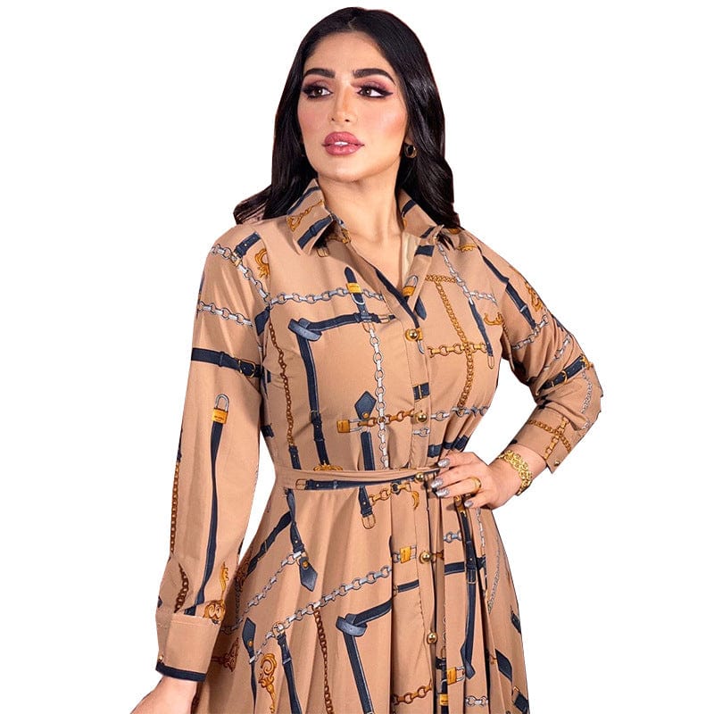 Wholesale Chain Print Long Sleeve Muslim Gown Maxi Dress with Belt Dubai Abaya Islamic Clothing Women Muslim Evening Party Dress