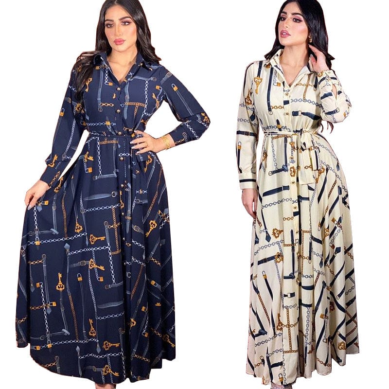 Wholesale Chain Print Long Sleeve Muslim Gown Maxi Dress with Belt Dubai Abaya Islamic Clothing Women Muslim Evening Party Dress