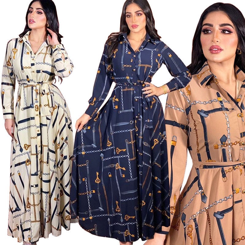 Wholesale Chain Print Long Sleeve Muslim Gown Maxi Dress with Belt Dubai Abaya Islamic Clothing Women Muslim Evening Party Dress
