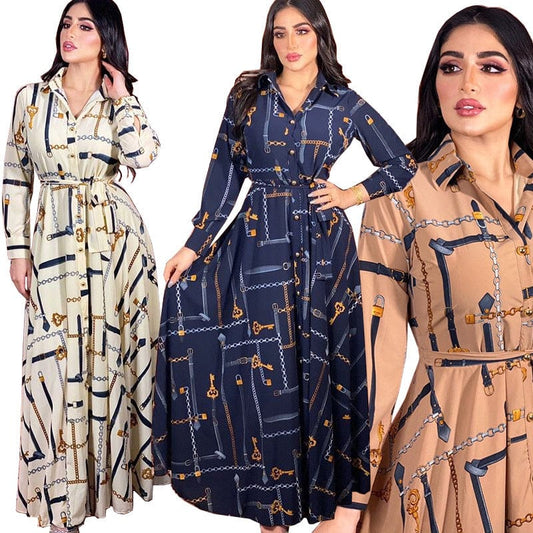 Wholesale Chain Print Long Sleeve Muslim Gown Maxi Dress with Belt Dubai Abaya Islamic Clothing Women Muslim Evening Party Dress