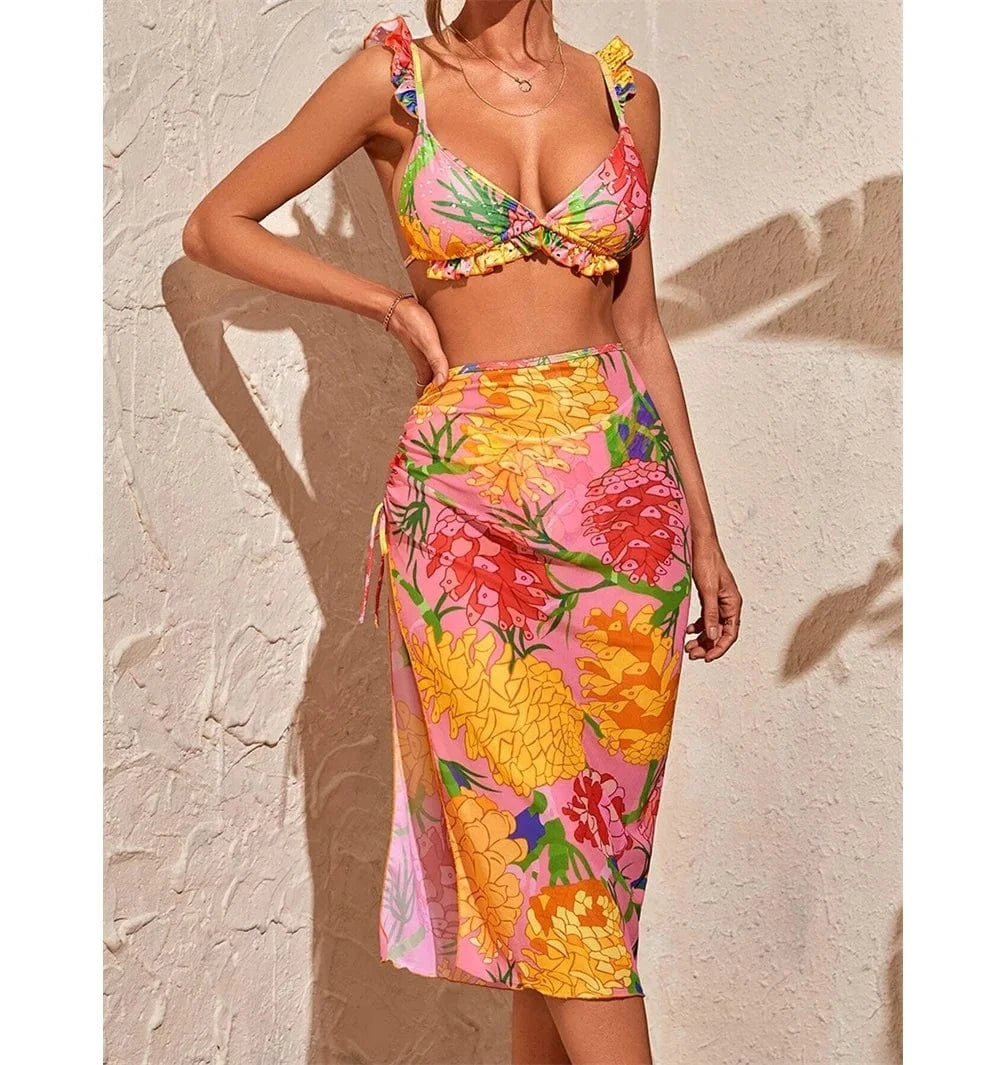 wholesale custom cheap womens african vintage simple floral 3 piece triangle swimsuit set manufacturers for lady with swimdress