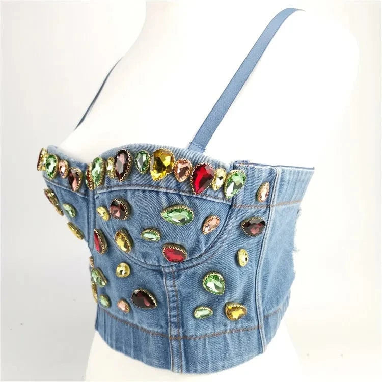 Wholesale Custom Glass Beaded Stone Denim Halter Sexy Crop Top For Women