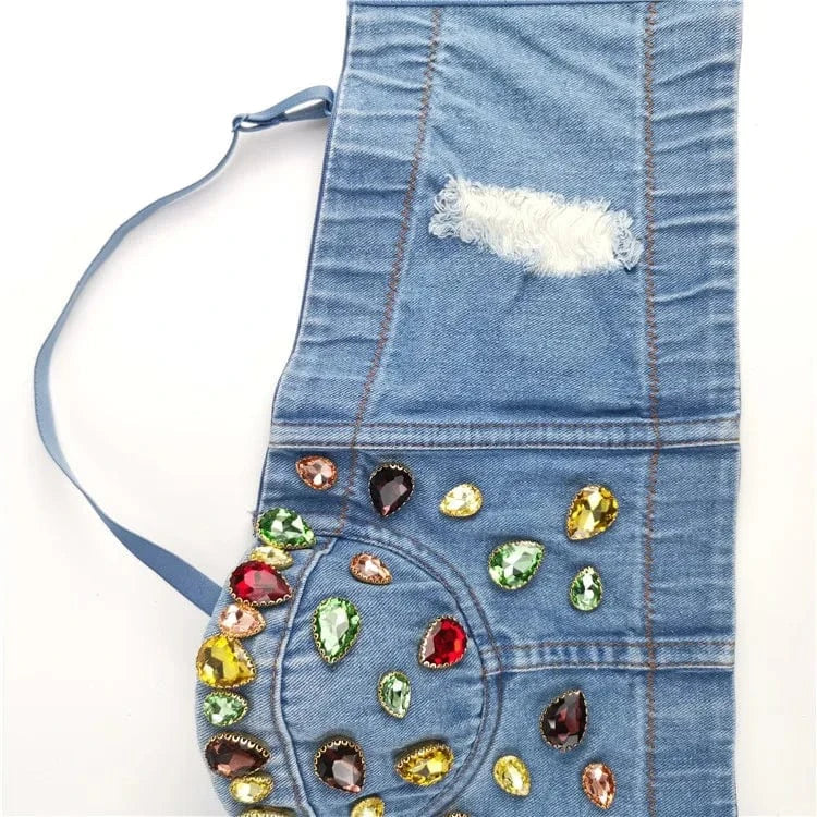Wholesale Custom Glass Beaded Stone Denim Halter Sexy Crop Top For Women