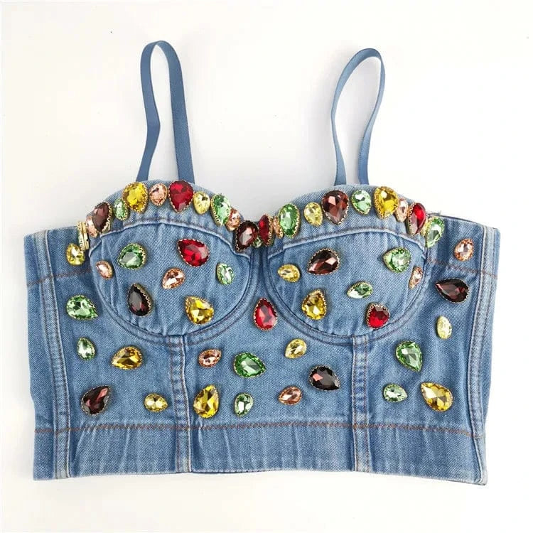 Wholesale Custom Glass Beaded Stone Denim Halter Sexy Crop Top For Women
