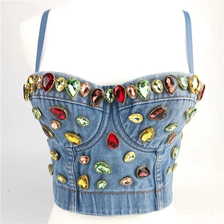 Wholesale Custom Glass Beaded Stone Denim Halter Sexy Crop Top For Women