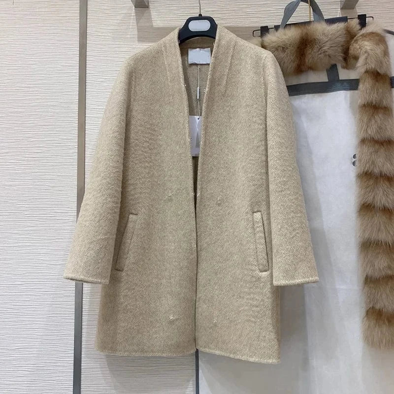 Wholesale Custom Winter Warm Women Long Genuine Wool Cashmere Coat with Fox Fur Collar