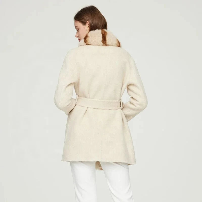 Wholesale Custom Winter Warm Women Long Genuine Wool Cashmere Coat with Fox Fur Collar