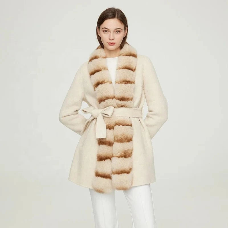 Wholesale Custom Winter Warm Women Long Genuine Wool Cashmere Coat with Fox Fur Collar