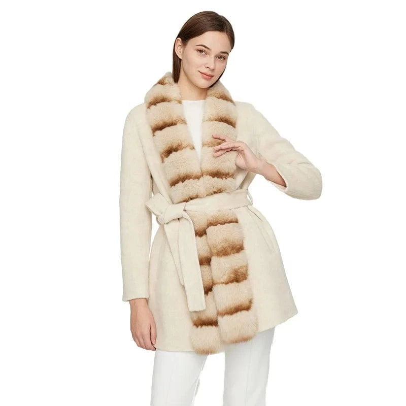 Wholesale Custom Winter Warm Women Long Genuine Wool Cashmere Coat with Fox Fur Collar