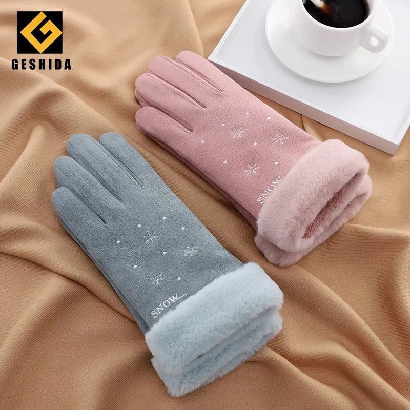 Wholesale cute phone touch fur cuff snowflake touch screen thermal women's winter gloves