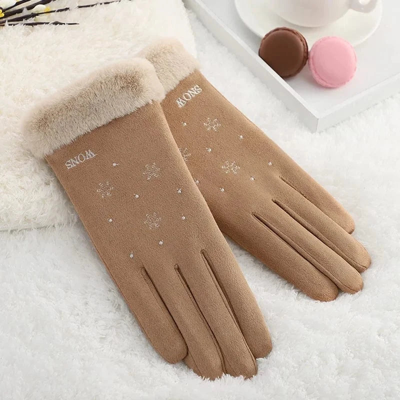 Wholesale cute phone touch fur cuff snowflake touch screen thermal women's winter gloves