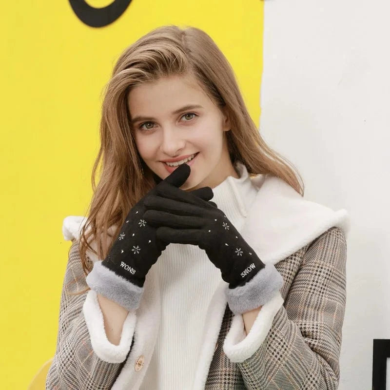 Wholesale cute phone touch fur cuff snowflake touch screen thermal women's winter gloves