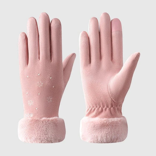 Wholesale cute phone touch fur cuff snowflake touch screen thermal women's winter gloves