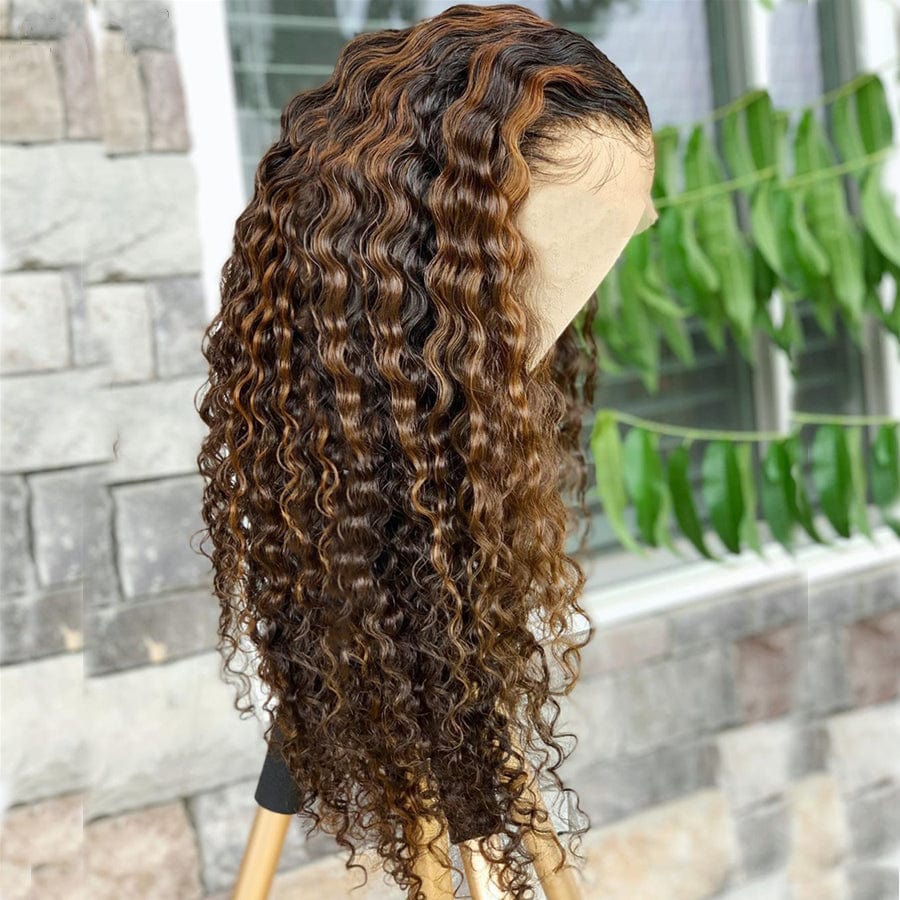 Wholesale Deep Curly Highlight Brown Color Raw Peruvian Hair 13*4 Lace Front Wigs for Black Women