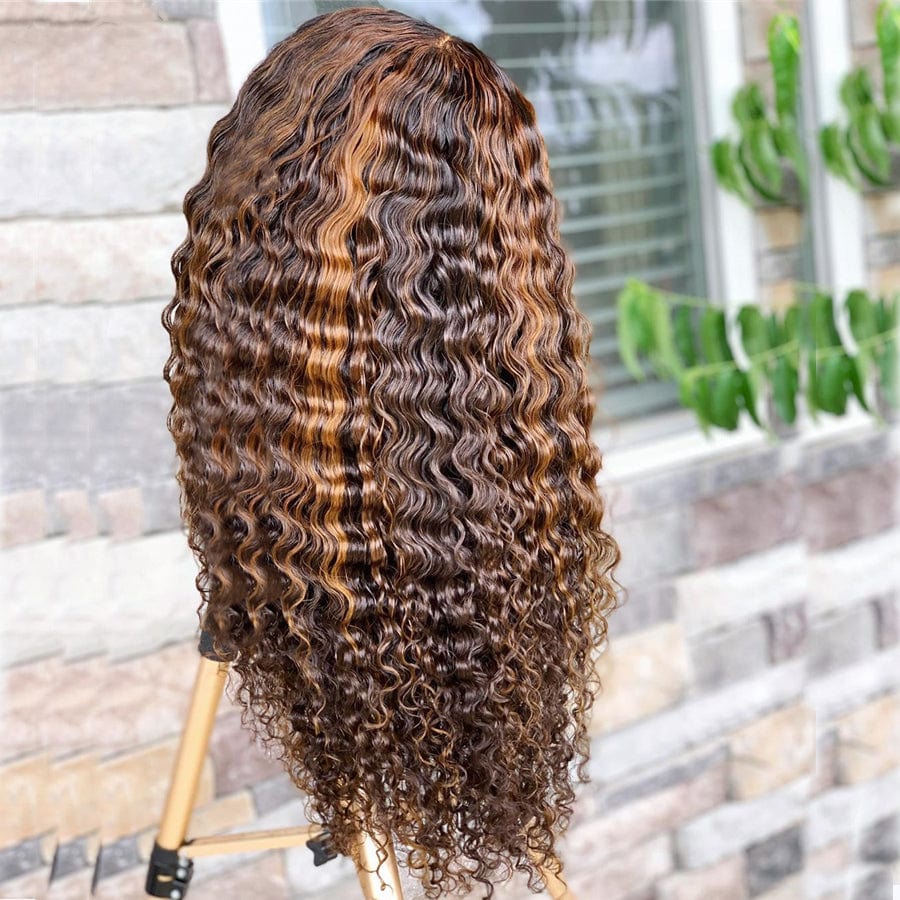 Wholesale Deep Curly Highlight Brown Color Raw Peruvian Hair 13*4 Lace Front Wigs for Black Women