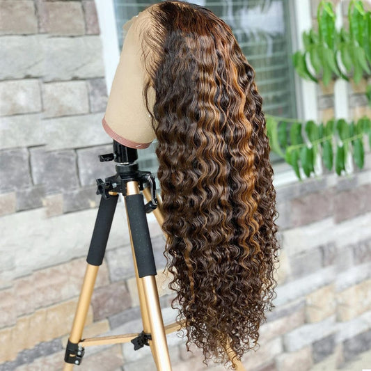 Wholesale Deep Curly Highlight Brown Color Raw Peruvian Hair 13*4 Lace Front Wigs for Black Women