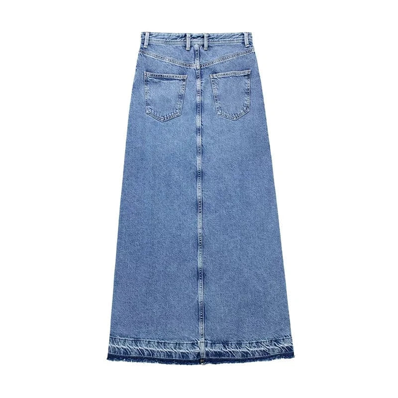 Wholesale Denim Skirts High Waist Mid Length Front Slit Long Denim Skirts for Women
