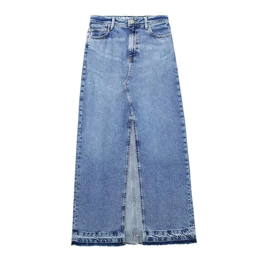 Wholesale Denim Skirts High Waist Mid Length Front Slit Long Denim Skirts for Women