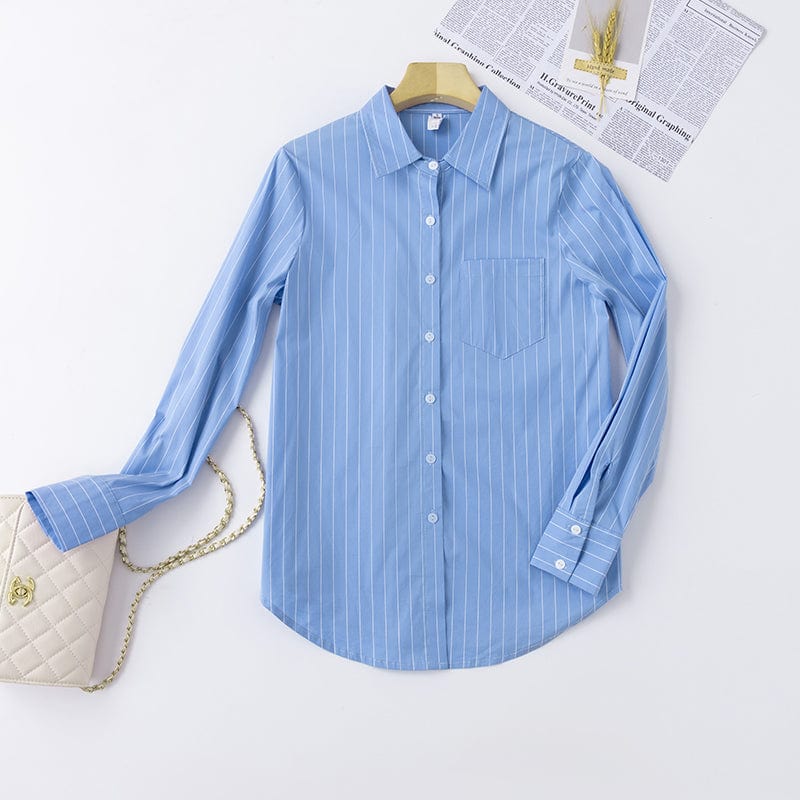Wholesale Dropship OEM Fashion elegant Blue Stripe Blouse With Work Wear Office Lady Female Tops Chemise Loose Style Shirt