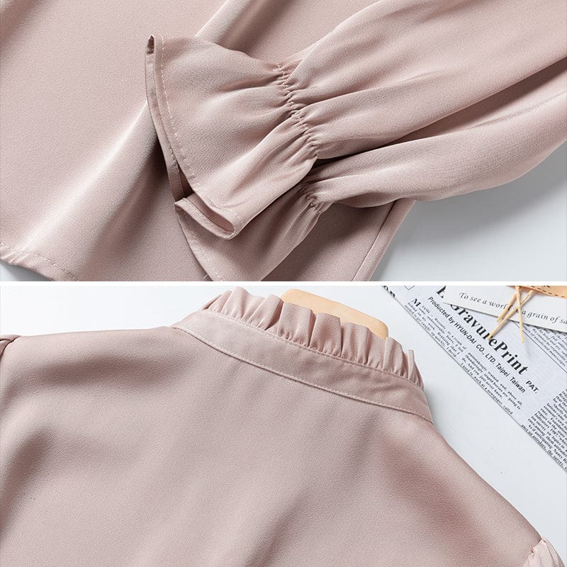 Wholesale Dropship OEM Fashion elegant Stand Collar Blouse With Work Wear Office Lady Female Tops Chemise Loose Style Shirt