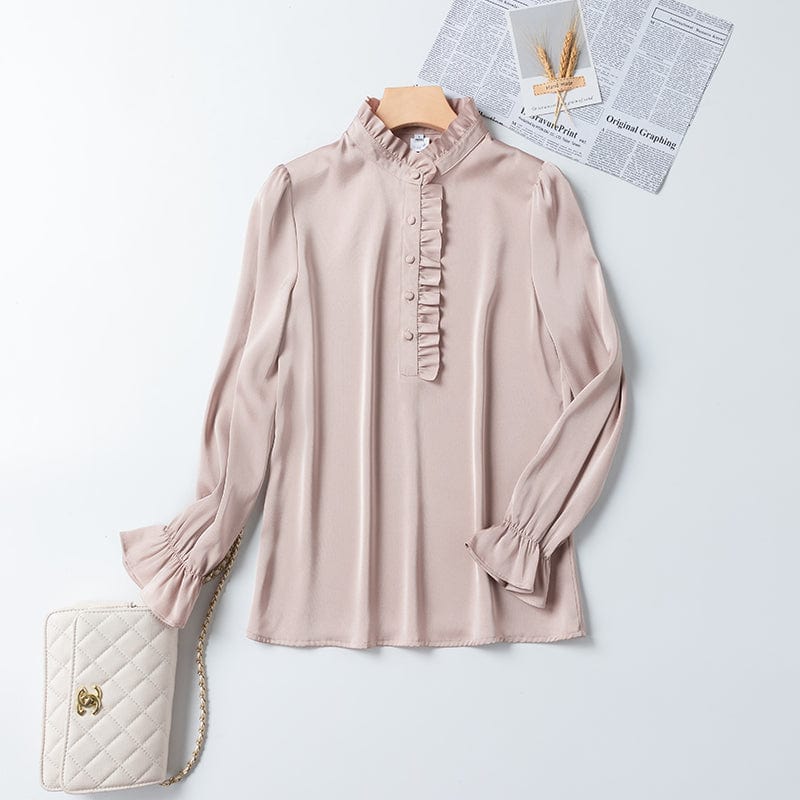 Wholesale Dropship OEM Fashion elegant Stand Collar Blouse With Work Wear Office Lady Female Tops Chemise Loose Style Shirt