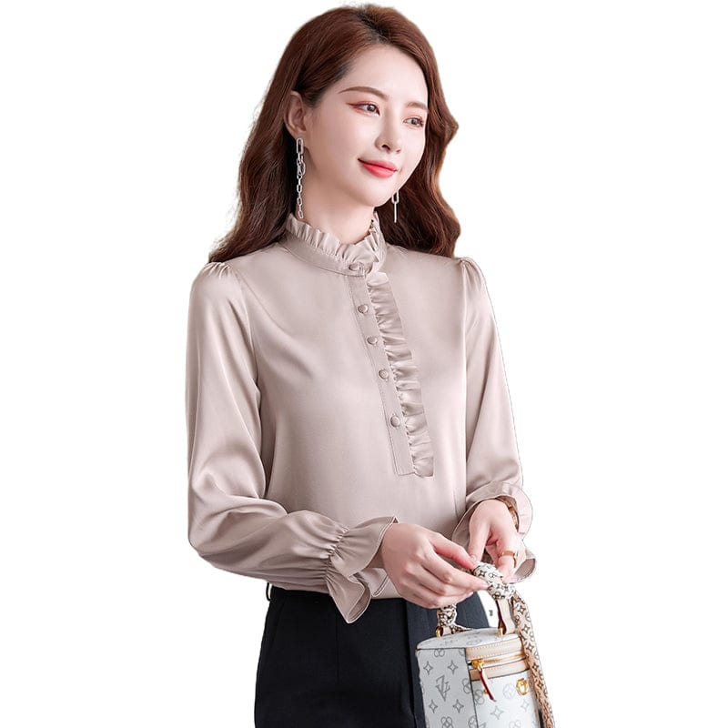 Wholesale Dropship OEM Fashion elegant Stand Collar Blouse With Work Wear Office Lady Female Tops Chemise Loose Style Shirt