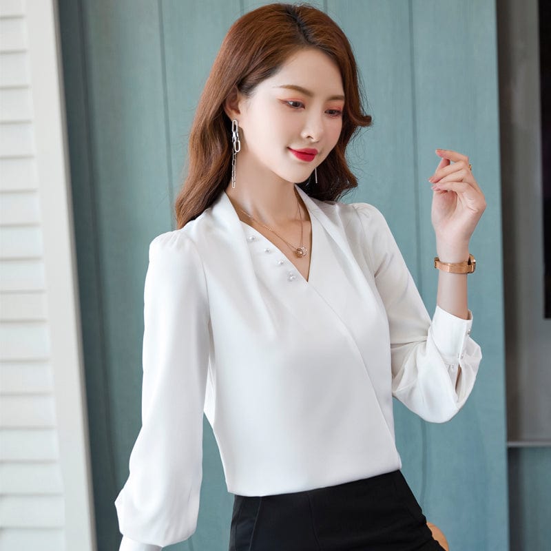 Wholesale Dropship OEM Fashion elegant V-neck Blouse with Beading Work Wear Office Lady Female Tops Chemise Loose style