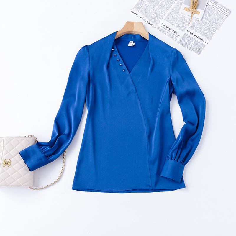 Wholesale Dropship OEM Fashion elegant V-neck Blouse with Beading Work Wear Office Lady Female Tops Chemise Loose style