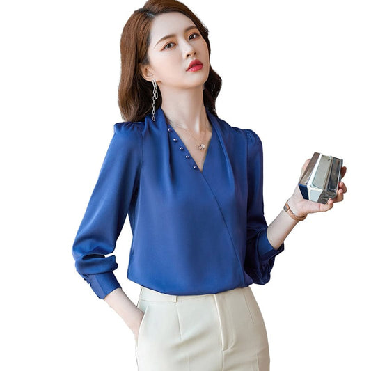 Wholesale Dropship OEM Fashion elegant V-neck Blouse with Beading Work Wear Office Lady Female Tops Chemise Loose style