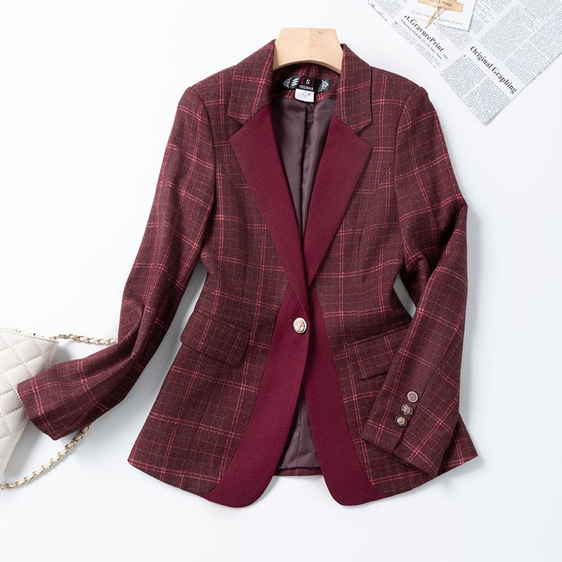 Wholesale Dropship OEM High-quality Burgundy 2 Piece Set Plaid Pant Suit Blazer Office Lady Design Women Jacket and Trouser