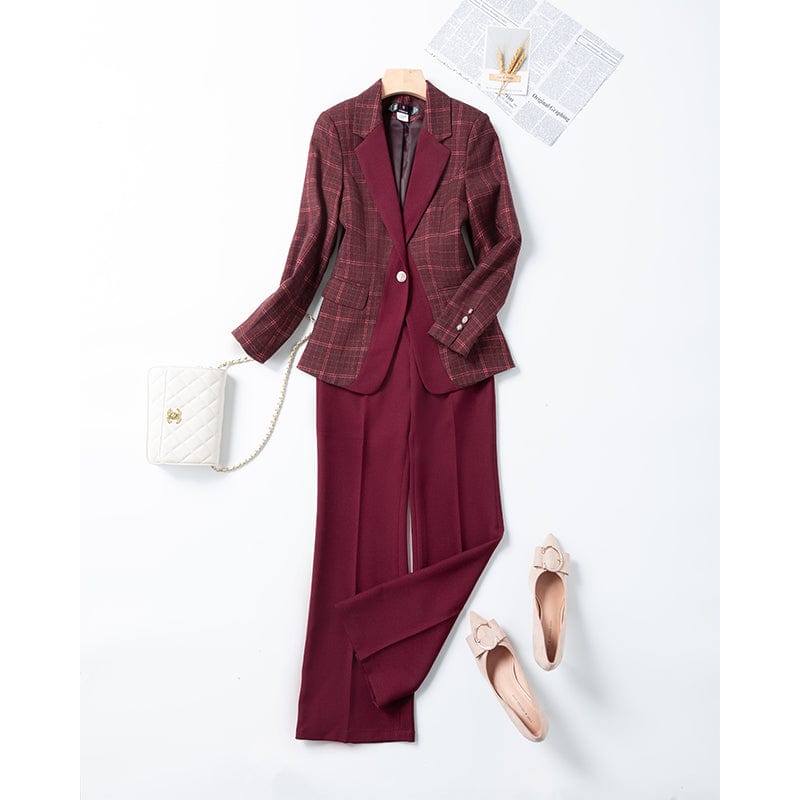 Wholesale Dropship OEM High-quality Burgundy 2 Piece Set Plaid Pant Suit Blazer Office Lady Design Women Jacket and Trouser