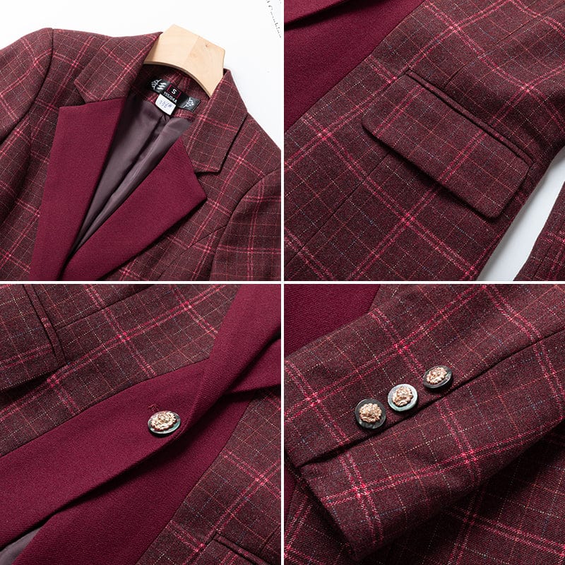 Wholesale Dropship OEM High-quality Burgundy 2 Piece Set Plaid Pant Suit Blazer Office Lady Design Women Jacket and Trouser