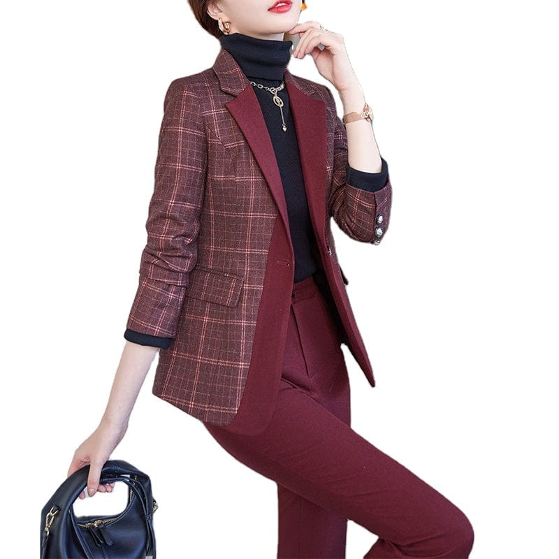 Wholesale Dropship OEM High-quality Burgundy 2 Piece Set Plaid Pant Suit Blazer Office Lady Design Women Jacket and Trouser