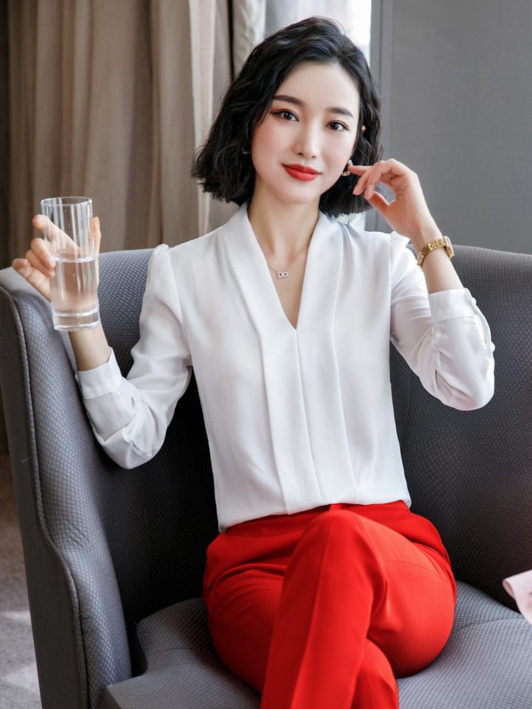 Wholesale Dropship Solid Loose Chiffon Shirt Breathable Soft V-neck Draped Blouse Women Wear Casual Style Office Lady Tops