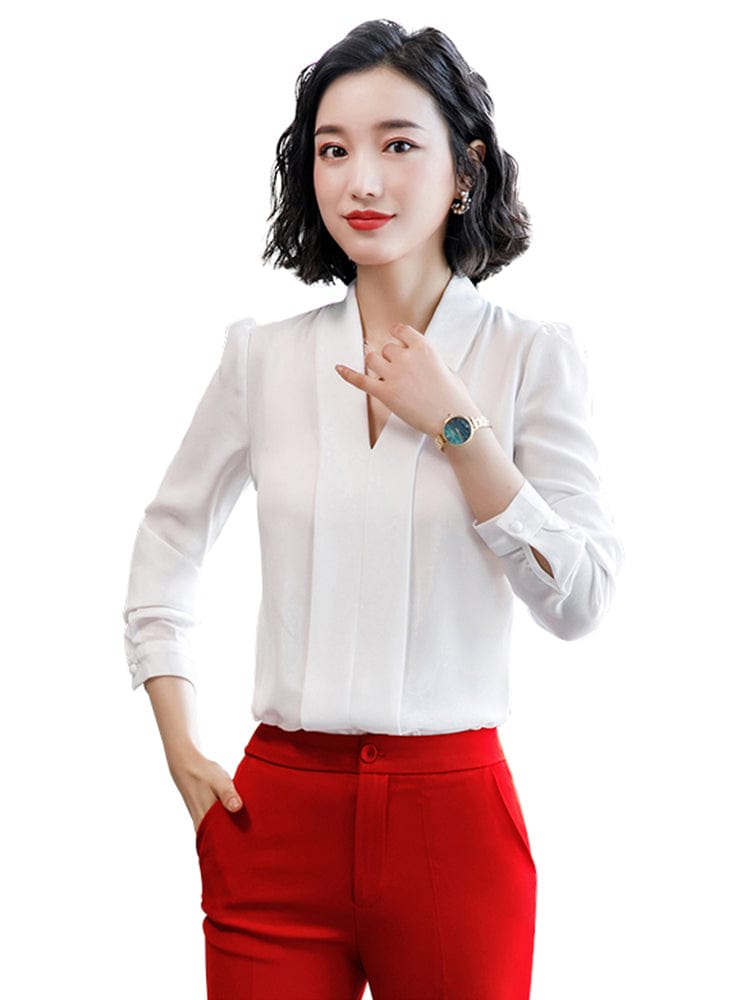 Wholesale Dropship Solid Loose Chiffon Shirt Breathable Soft V-neck Draped Blouse Women Wear Casual Style Office Lady Tops