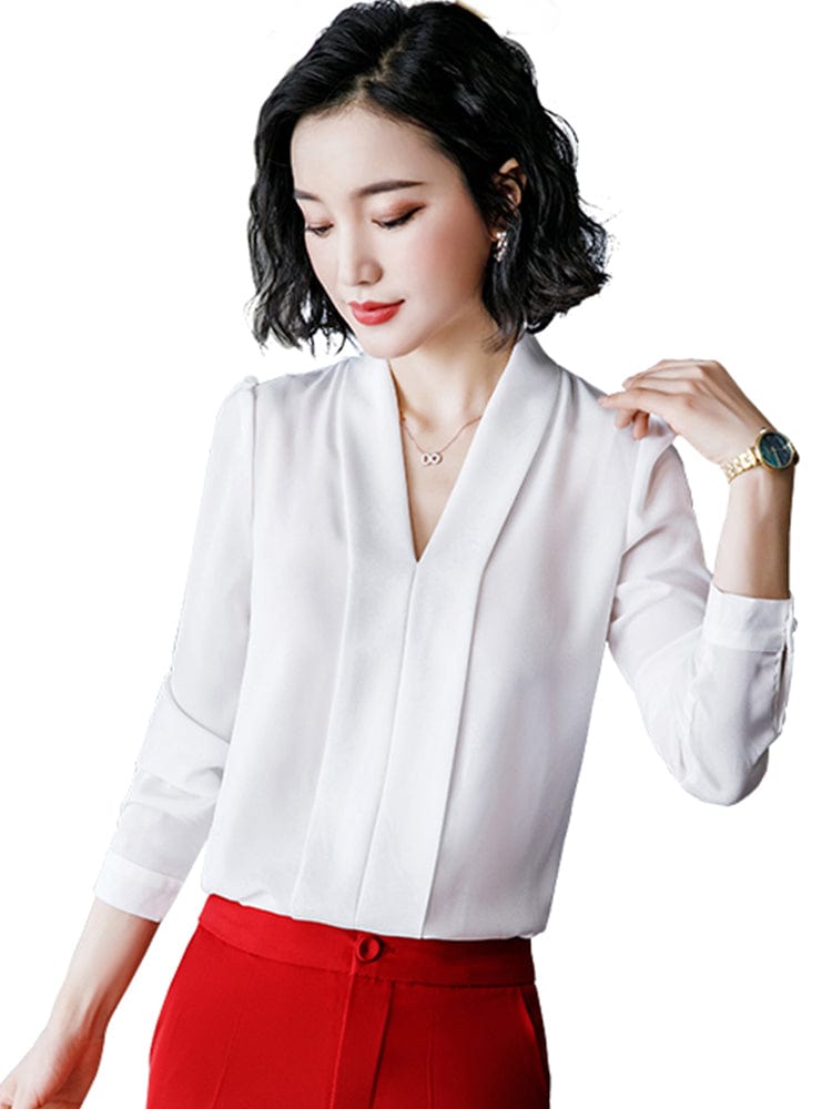 Wholesale Dropship Solid Loose Chiffon Shirt Breathable Soft V-neck Draped Blouse Women Wear Casual Style Office Lady Tops