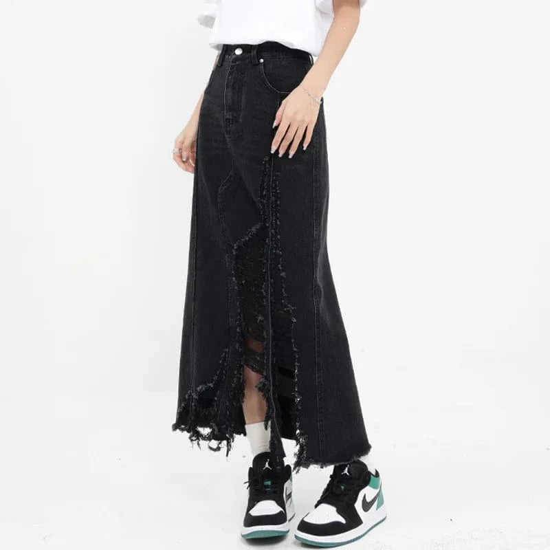 Wholesale Fashion Irregular Skirt Pocket Ripprd Skirt Denim Long Jeans Women's Skirts