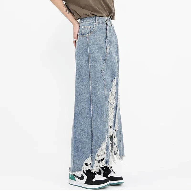 Wholesale Fashion Irregular Skirt Pocket Ripprd Skirt Denim Long Jeans Women's Skirts